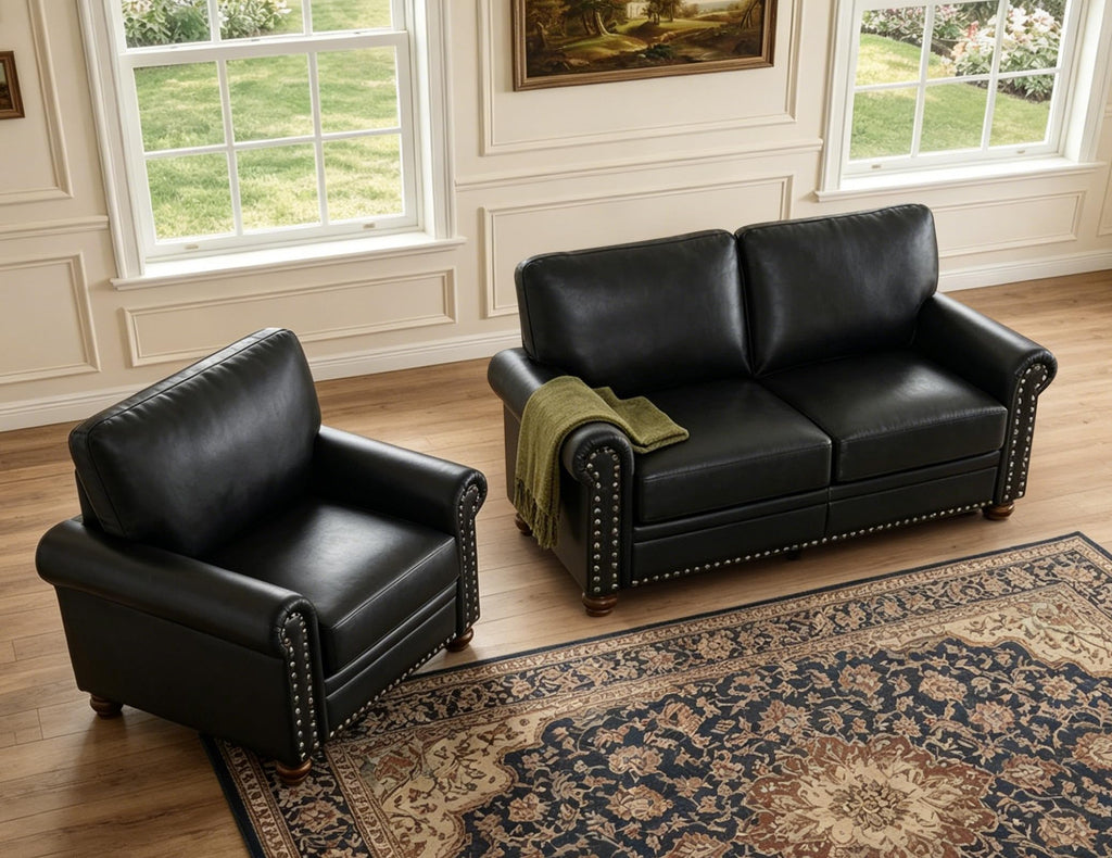 2 Piece Couch Sets for Living Room,Mid Century Modern Couch with Storage Nailhead Trim & Rolled Armrests,Deep Seat Comfy Couch,Furniture Set for Living Room,Bedroom,Office(Navy Blue,Loveseat+3 Seater)