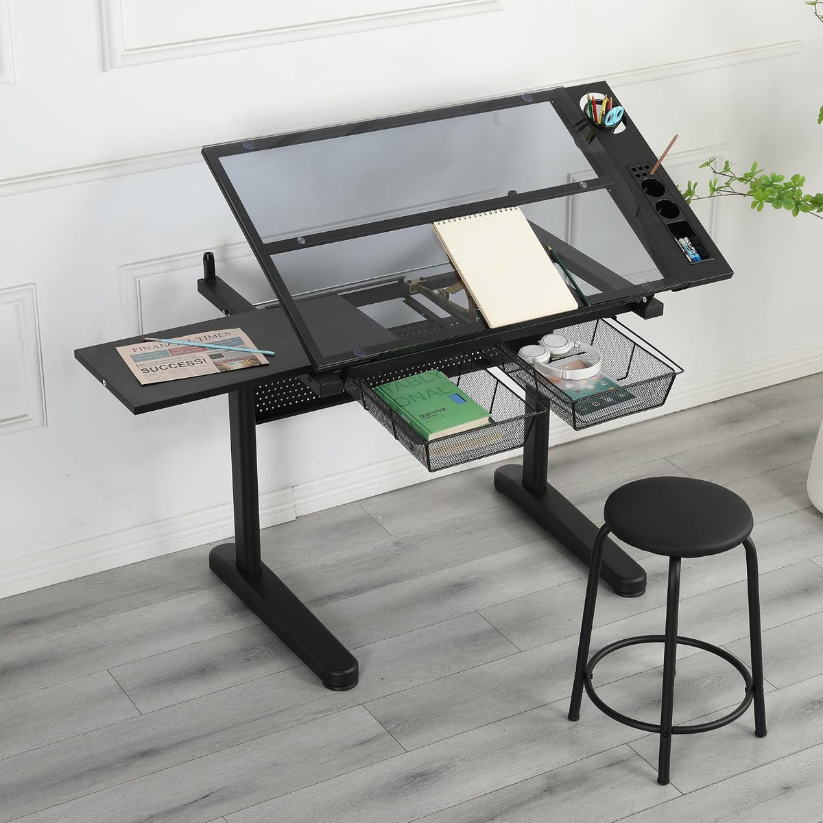 Glass Craft Table Drawing Desk â Drafting Tables Hobby Table Writing Studio Art Artist Desk with Adjustable Tilted Tabletop (Black-Newer)