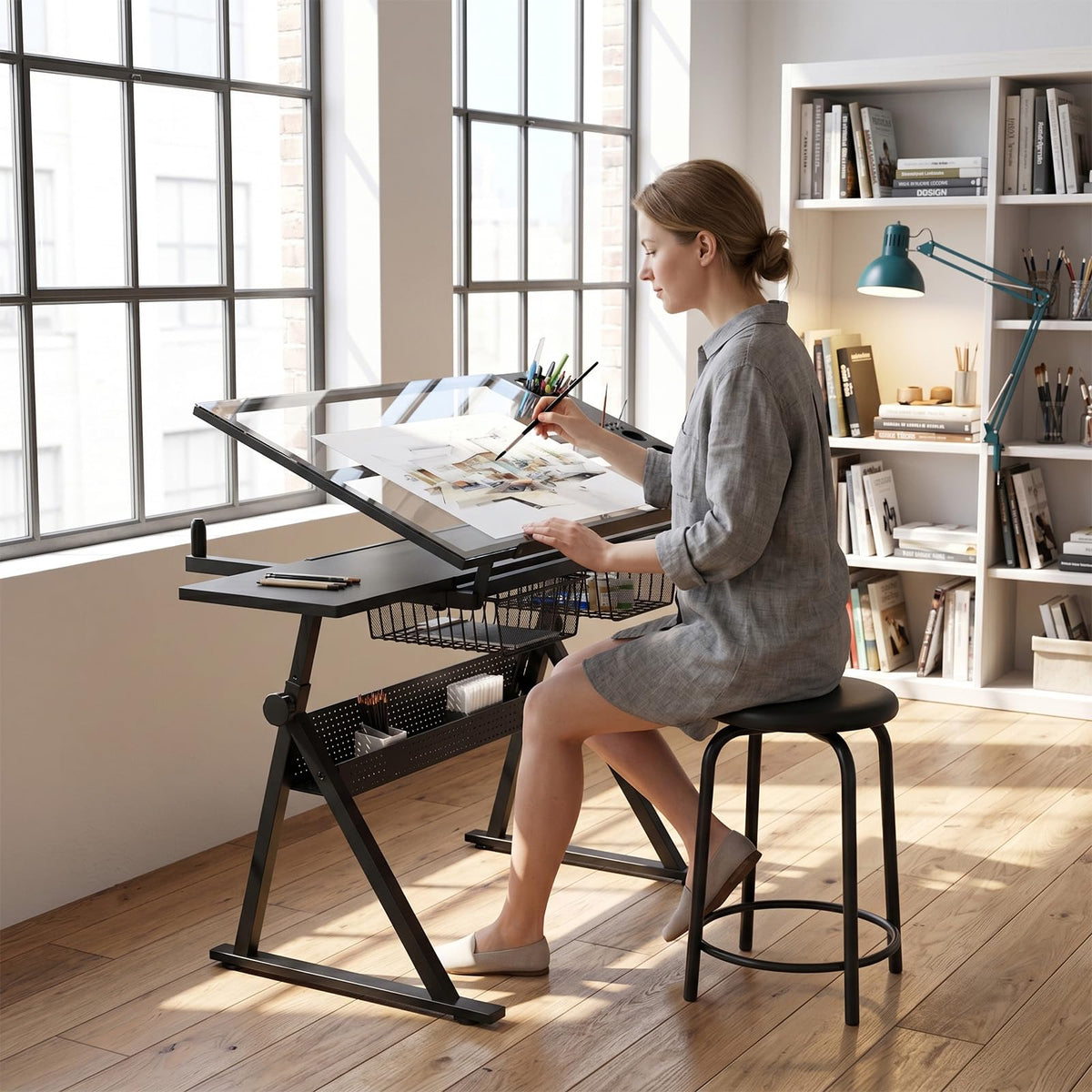 White Drafting Table with Stool Height Adjustable Art Craft Desk with Storage, Tilting Tempered Glass Tabletop, Expansion Board, Drawing Table for Home Office, Artists, Painters