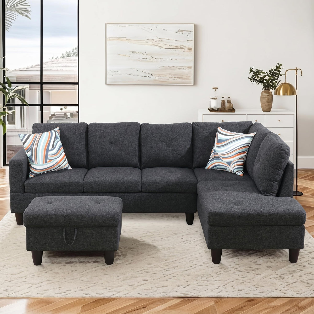97.5" Leather L Shaped Couch with Left Chaise & Cup Holder, Sectional Sofas Modular Furniture Set with Storage Ottoman, Convertible Couches for Living Room, Office & Small Space (Black)