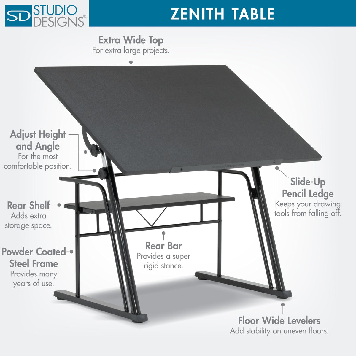 Studio Designs Zenith Drafting Light Table with Built-in ArtographÂ® LED Light Pad, Adjustable Height & Angle Glass Drafting Desk, Modern Artist Workstation for Drawing, Tracing, Drafting & Design