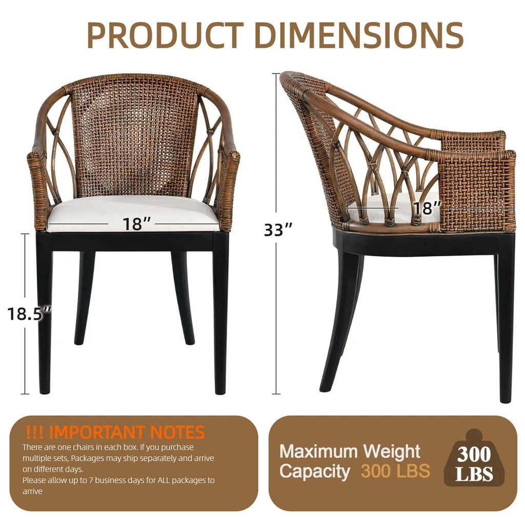 DUHOME 2 Sets Wood Rattan Arm Accent Chairs Natural Wash/White Cushion
