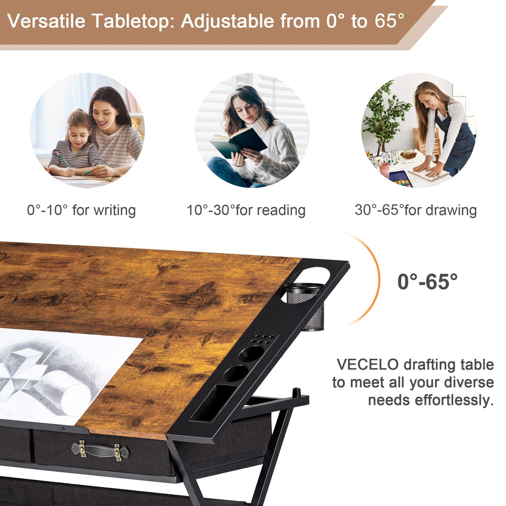 VECELO Drafting Table Art Desk Art Table Adjustable Drawing Table Tilted Tabletop with 2 Storage Drawers and Stool, Drawing Desk for Artist Painters Drawing, Crafting, Reading, Writing, White