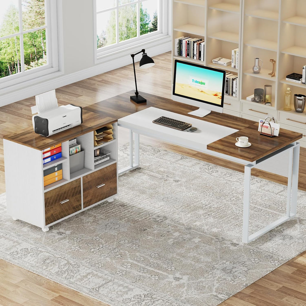 Tribesigns L-Shaped Executive Desk with Reversible File Cabinet, 63" Office Desk with Storage Drawers, Computer Desk Set (Oak Karo & White)