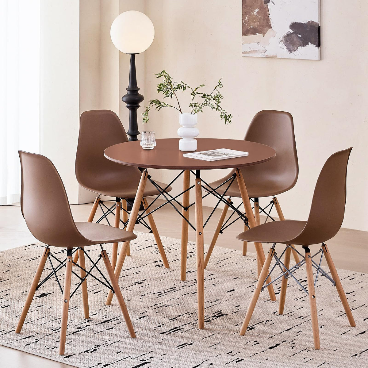5-Piece Round Dining Set, 35.5" Black Table & Light Gray Chair