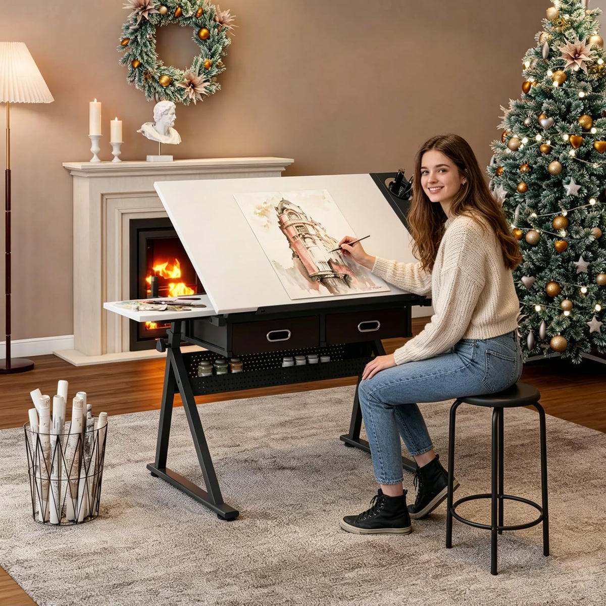 Drafting Table, Height Adjustable Art Table with Stool,T1-All White