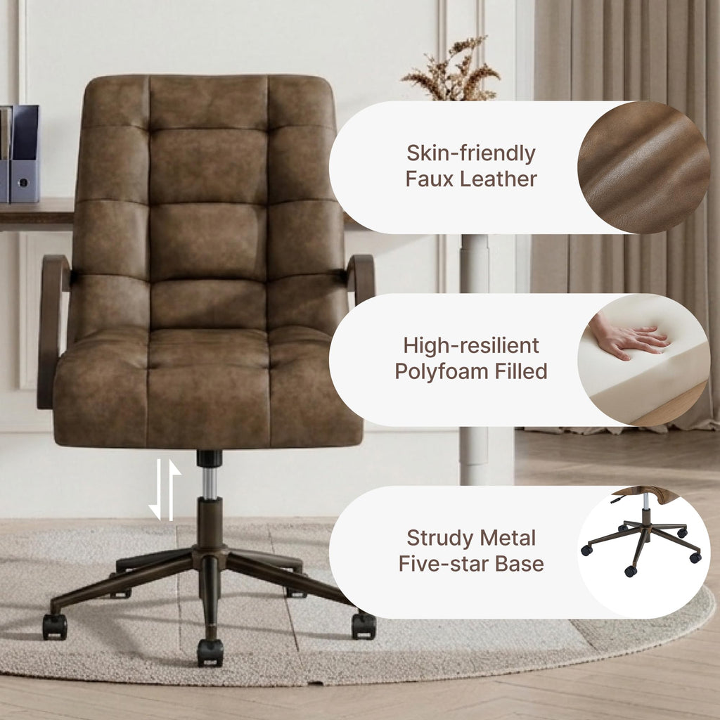 KISLOT Home Office Desk Chair, Ergonomic Office Chair with Lumbar Support, Adjustable Swivel Computer Chair with Wheels, Faux Leather Executive Task Chair with Wood Arms, Set of 2, Brown