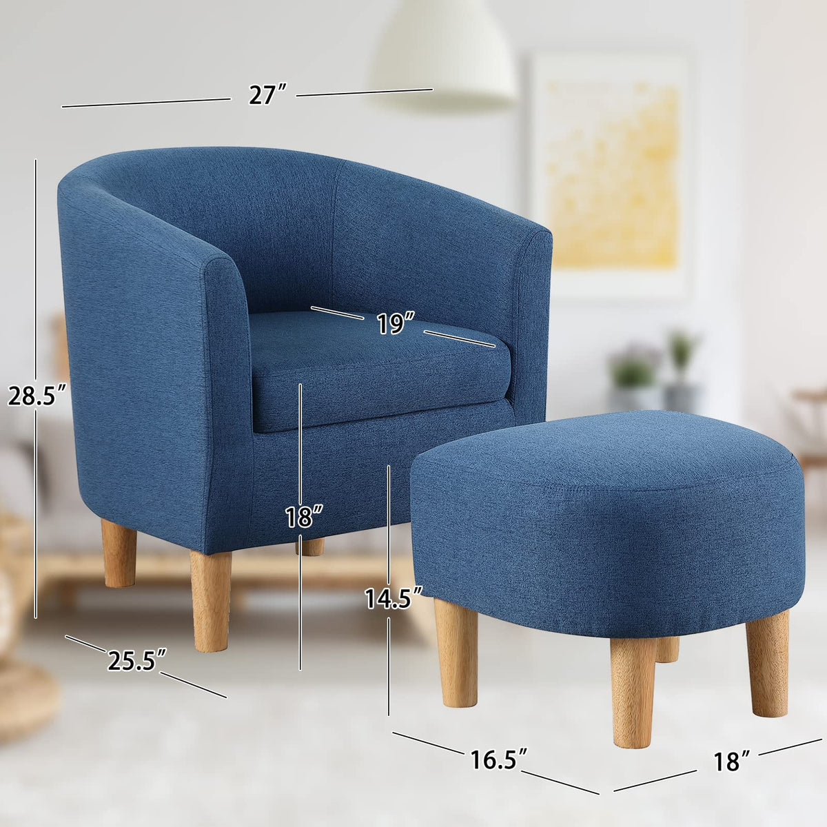 DAZONE Accent Chair with Ottoman, Modern Comfy Armchair Upholstered Barrel Club Chair and Footrest Set, Fabric Tub Arm Chairs for Living Room Bedroom Small Spaces Apartment Office, Set of 2, Gray