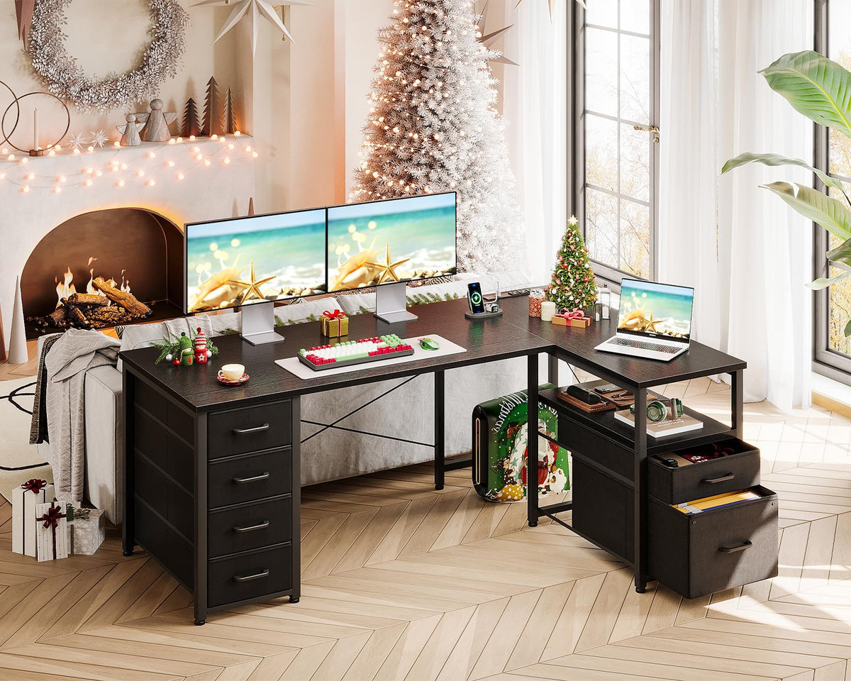 Coleshome 55 Inch L Shaped Office Desk with 6 Drawers, Power Outlet, White