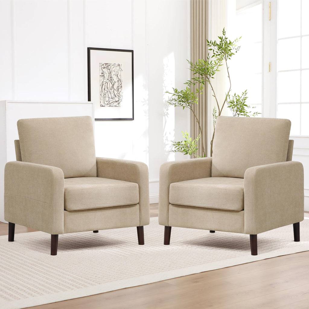 Accent Chair Set of 2, Upholstered Living Room Chairs with Wood Legs and Side Pockets, Modern Reading Chair for Bedroom, Armchair Single Sofa Side Chair for Office, Small Room, Dark Grey