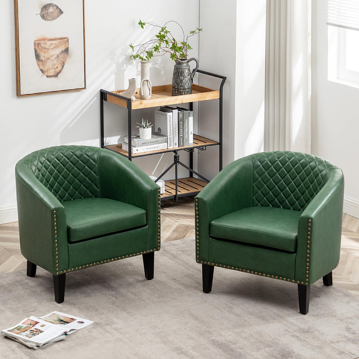 KINWELL 29" W Faux Leather Tufted PU Barrel Club Chairs Set of 2, Black