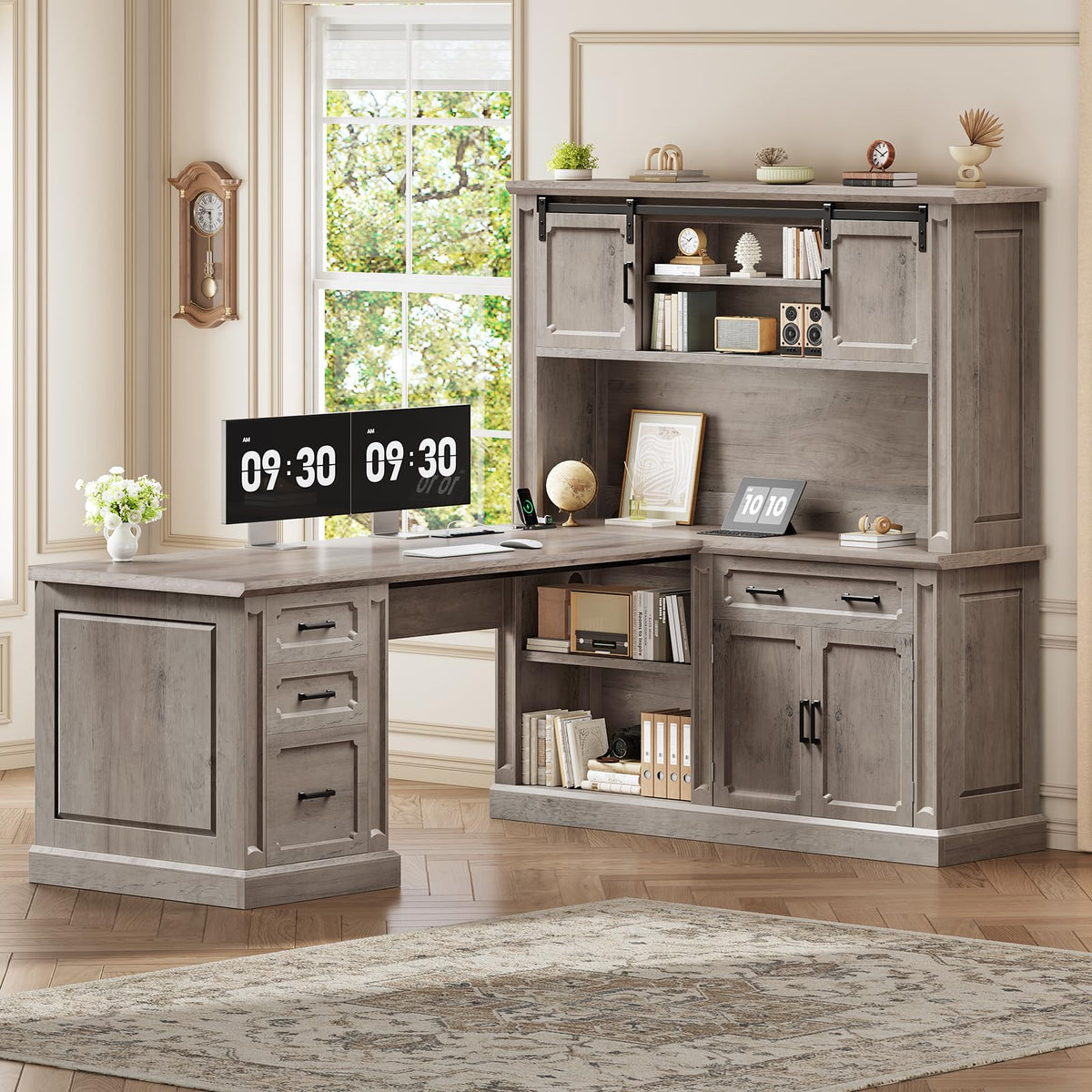SEDETA Farmhouse 70.9" Executive Desk, Home Office Desk with File Drawers and Storage Cabinet, Computer Desk with Power Outlet for Home Office, Work Study Writing, Black+Brown