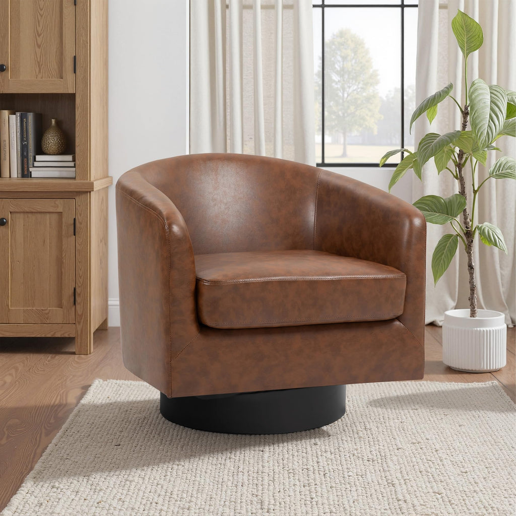 Faux Leather Swivel Accent Chairs Set of 2, Barrel Armchair, Brown