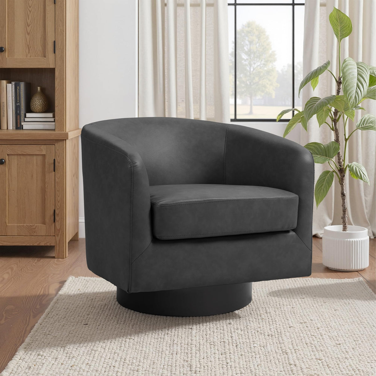Faux Leather Swivel Accent Chairs Set of 2, Barrel Armchair, Brown