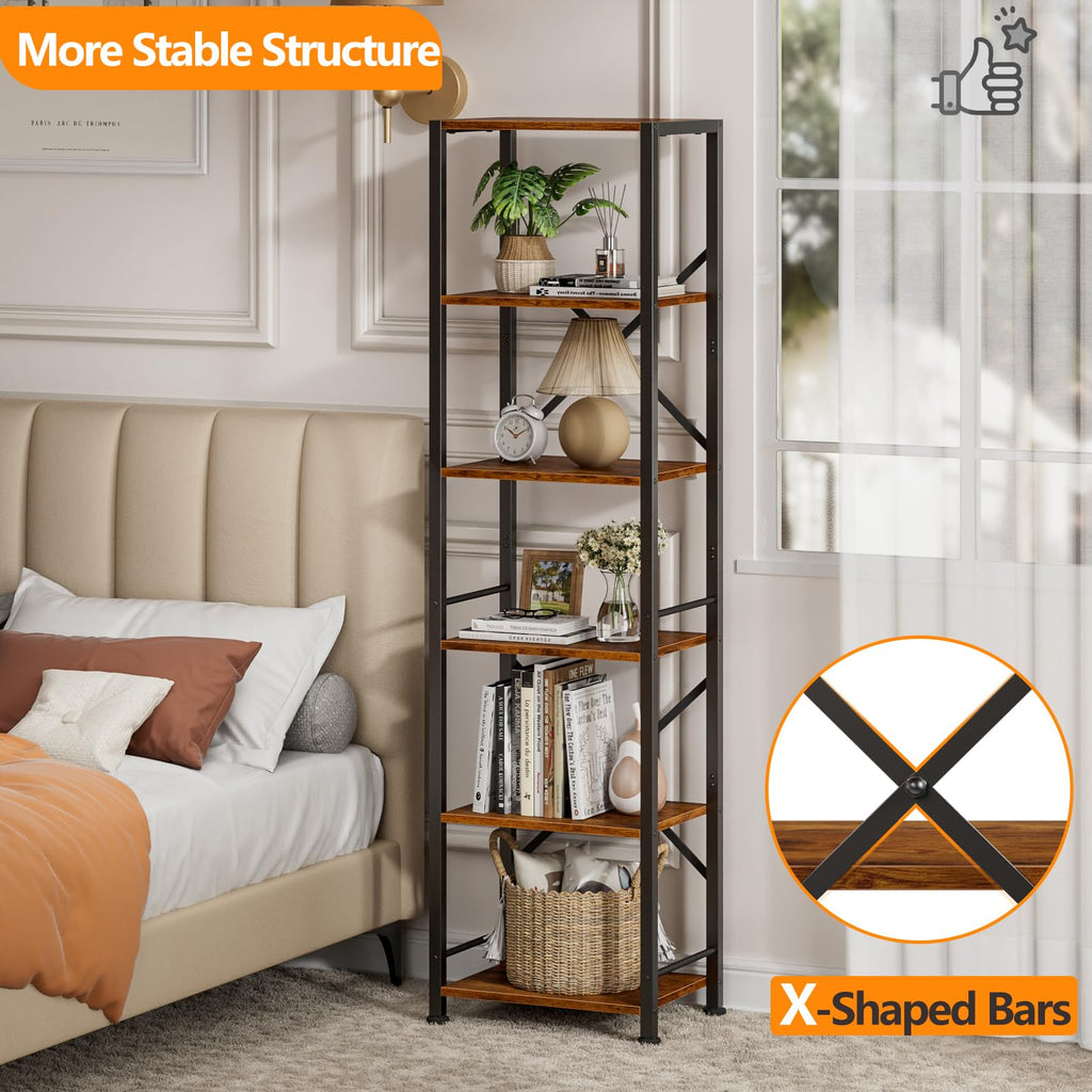 Furologee 5 Tier Book Shelf Set of 2, Tall Wide Bookshelf, Rustic Brown