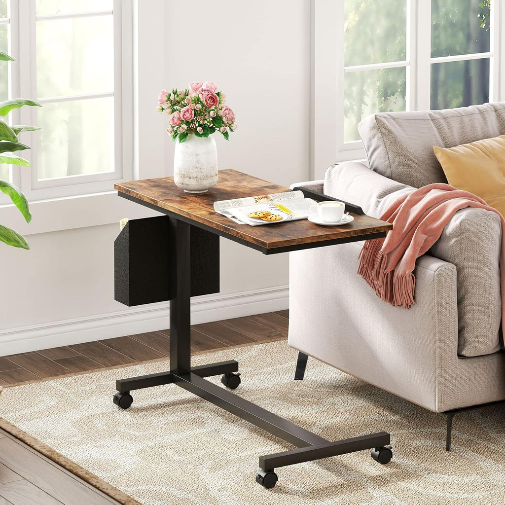 Tribesigns Height Adjustable C Shaped End Table with Wheels and Side Pocket, Mobile Sofa Snack Table with Tiltable Drawing Board, Laptop Side Tray Table for Couch Bed (Rustic Brown)