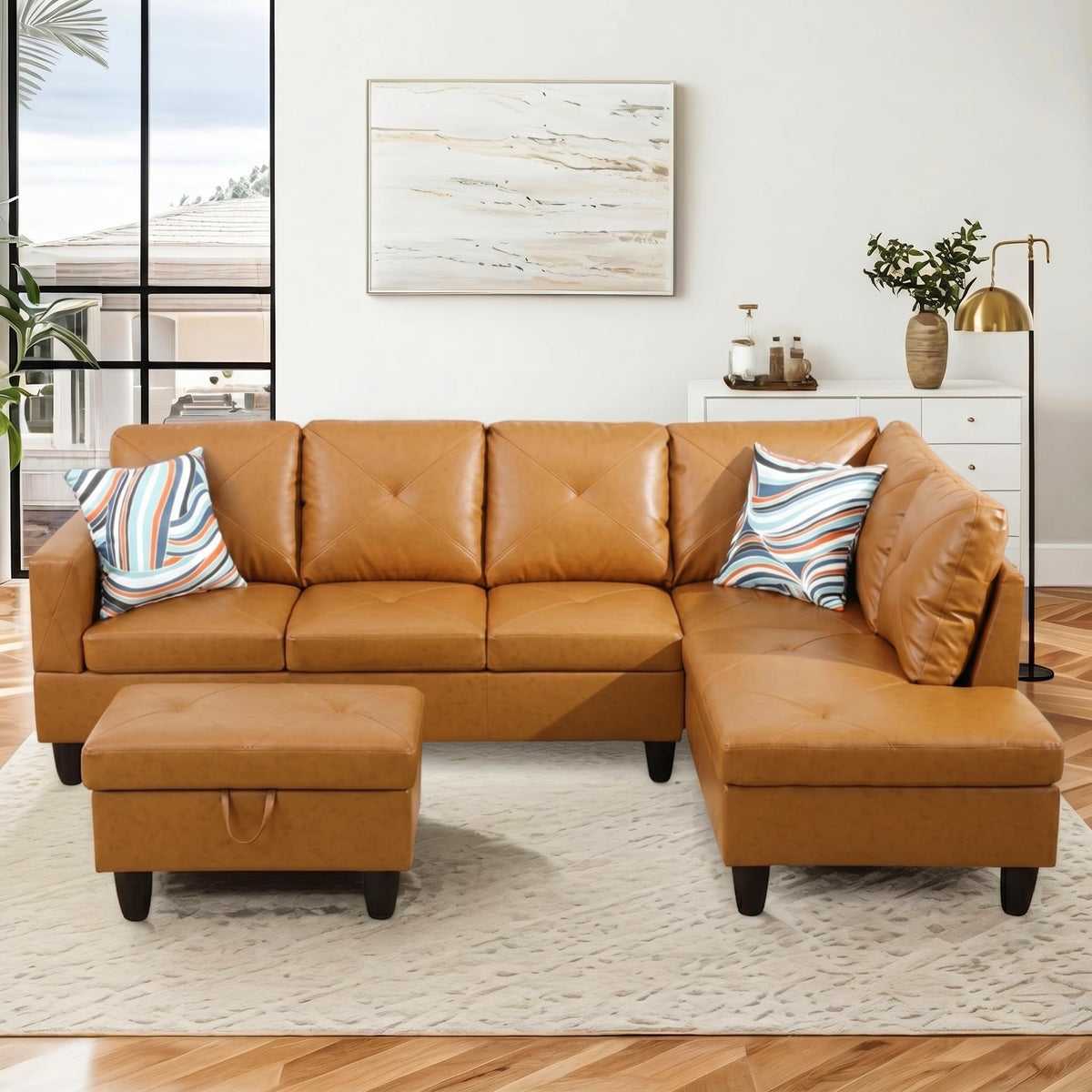97.5" Leather L Shaped Couch with Left Chaise & Cup Holder, Sectional Sofas Modular Furniture Set with Storage Ottoman, Convertible Couches for Living Room, Office & Small Space (Black)