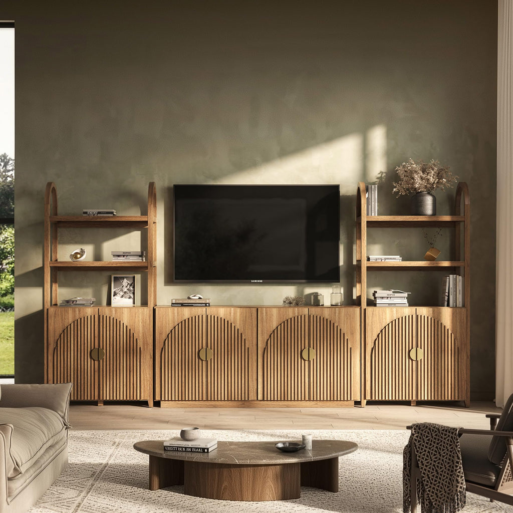 BELLEZE Book Shelf 72" Tall Arched Bookcase with Storage, 5 Tier Mid Century Modern Fluted Bookshelf with Doors, Modular Bookshelves for Living Room Office Library, Set of 2 (Caramel Brown)