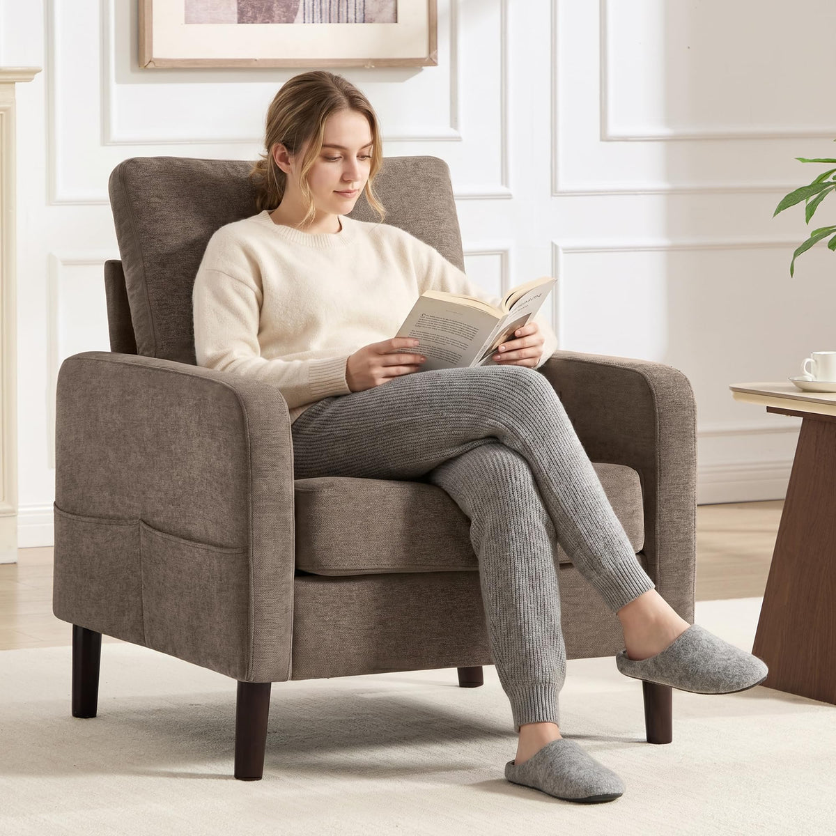 Accent Chair Set of 2, Upholstered Living Room Chairs with Wood Legs and Side Pockets, Modern Reading Chair for Bedroom, Armchair Single Sofa Side Chair for Office, Small Room, Dark Grey