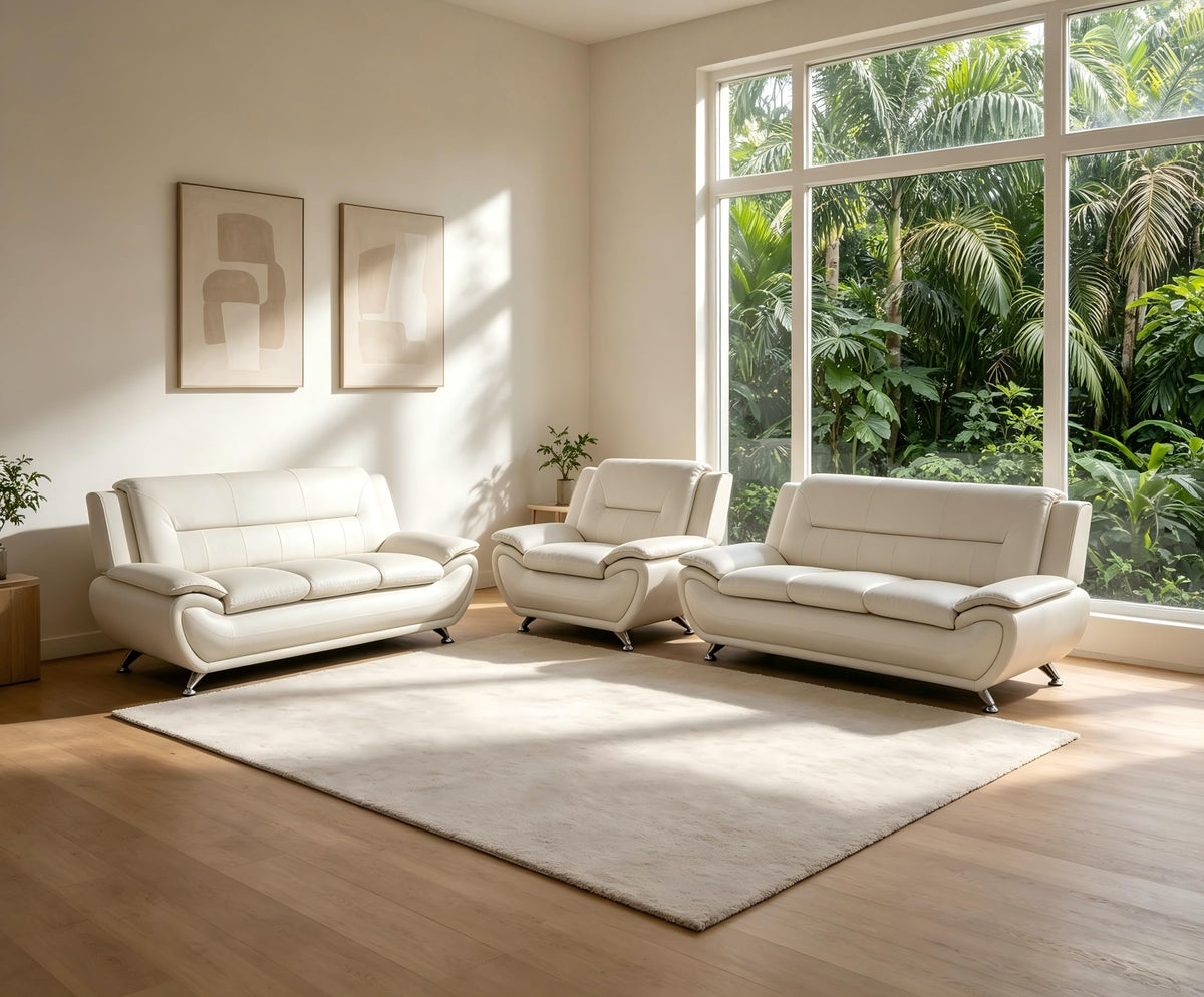 Creamy White Living Room Furniture Set, 2-Piece Modern Faux Leather Couches for Home, Living Room Sofa Sets, 3-Seater Sofa and Loveseat with Metal Feet, Couch Set for Bedroom, Hotel, Office