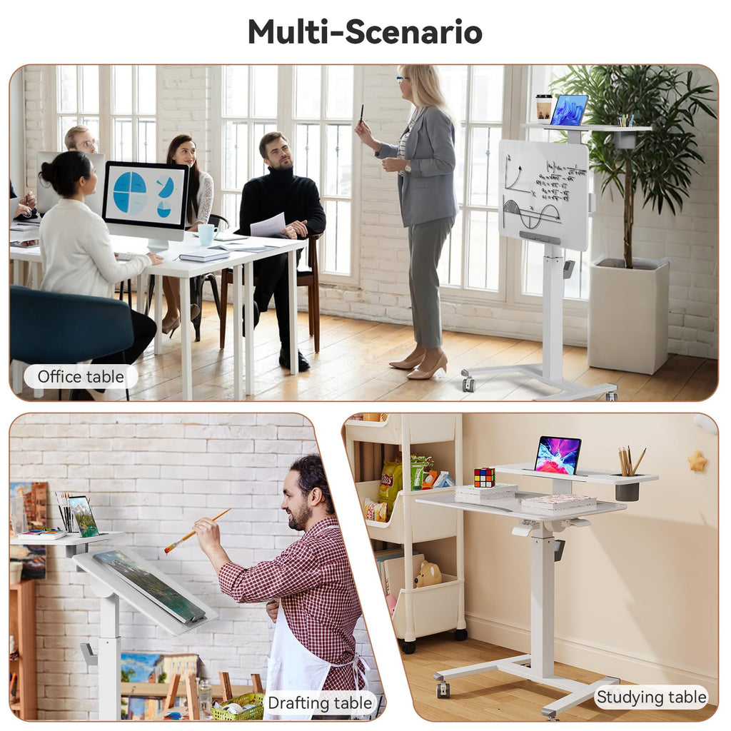 28" Mobile Standing Desk, Tiltable Top with 2-Tier Shelves, White