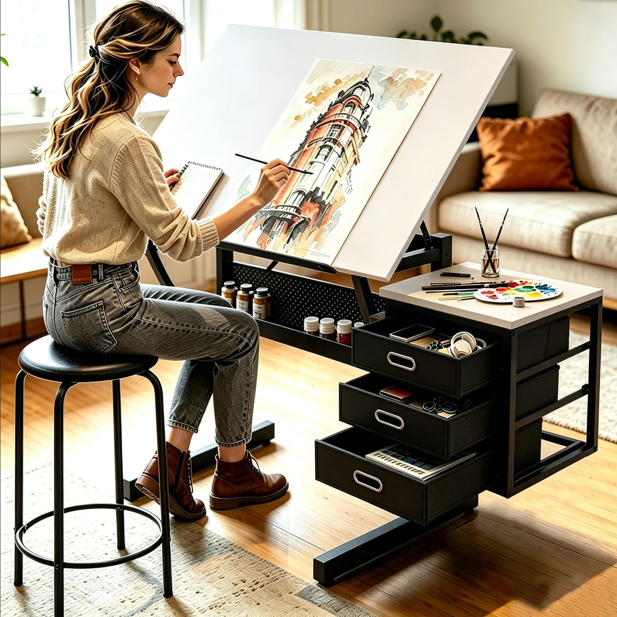 Height Adjustable Tilt Drafting Table with 2 Storage Drawers & Stool Brown