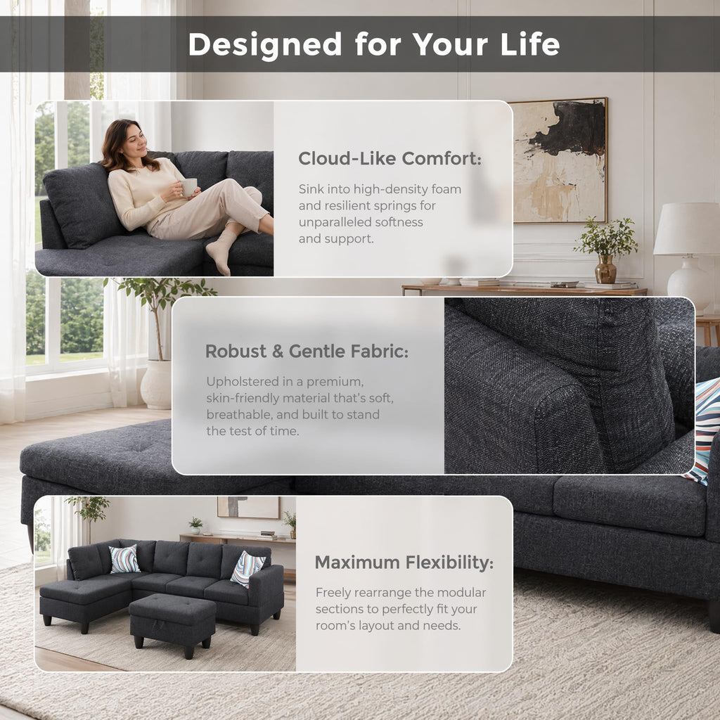 97.5" Leather L Shaped Couch with Left Chaise & Cup Holder, Sectional Sofas Modular Furniture Set with Storage Ottoman, Convertible Couches for Living Room, Office & Small Space (Black)