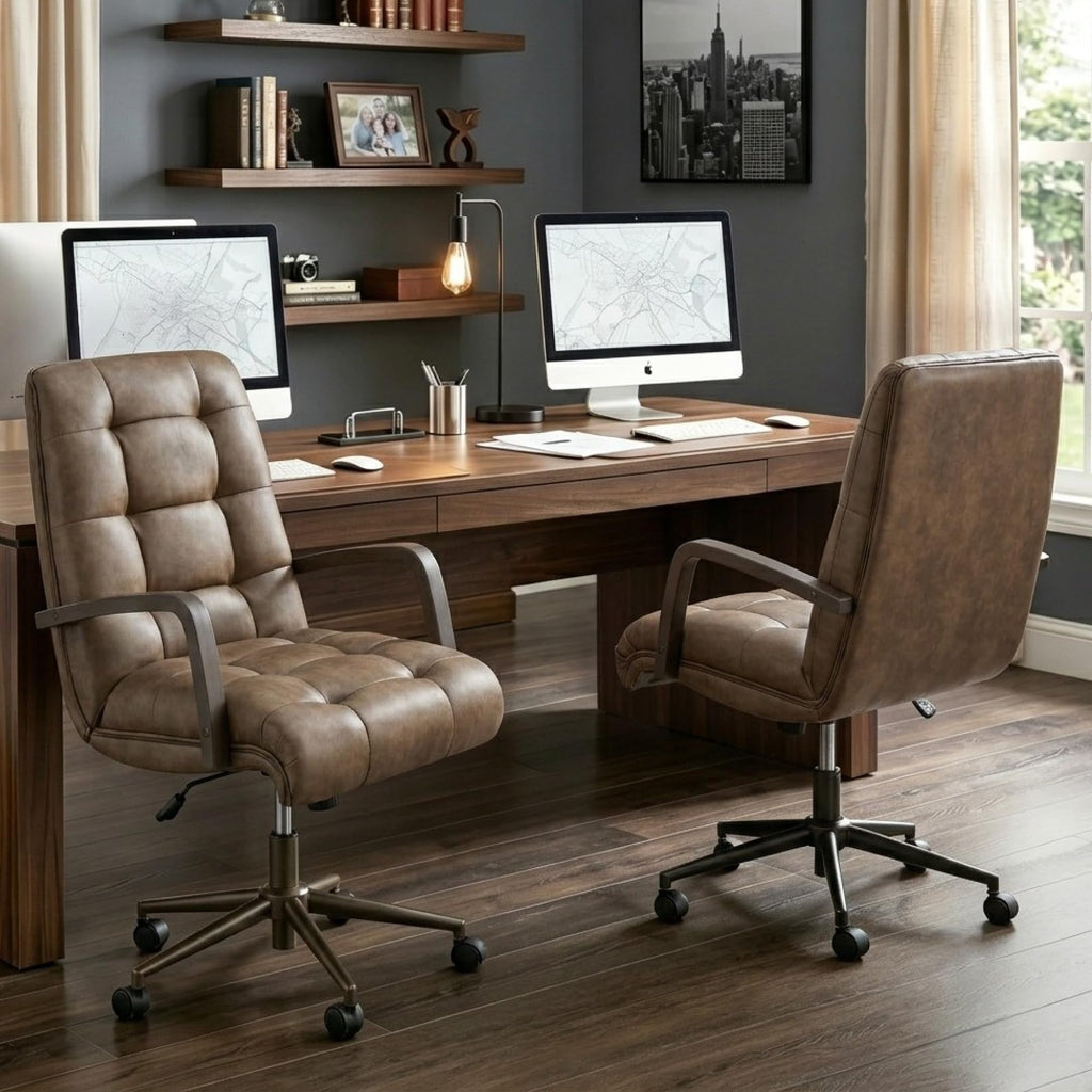 KISLOT Home Office Desk Chair, Ergonomic Office Chair with Lumbar Support, Adjustable Swivel Computer Chair with Wheels, Faux Leather Executive Task Chair with Wood Arms, Set of 2, Brown