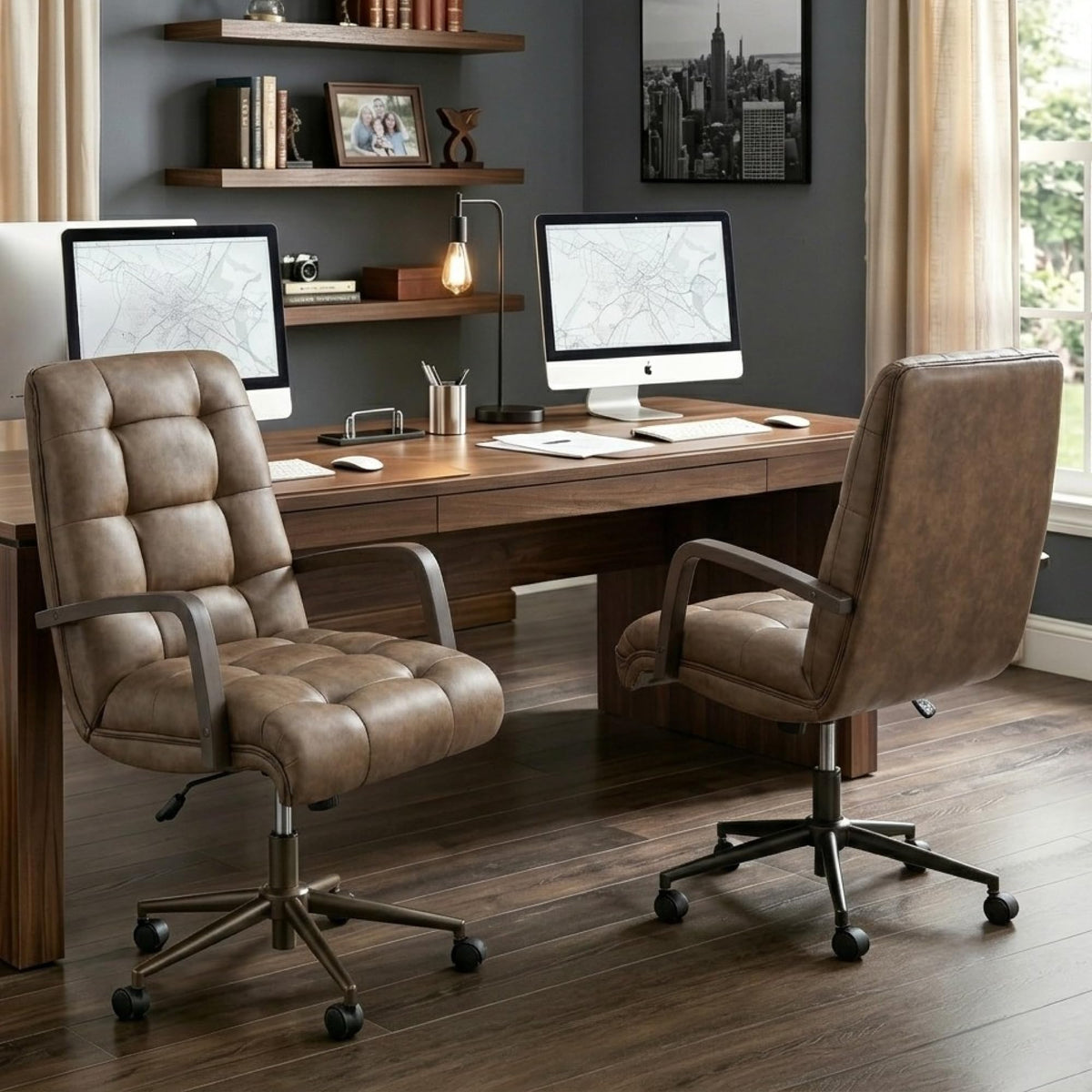 KISLOT Home Office Desk Chair, Ergonomic Office Chair with Lumbar Support, Adjustable Swivel Computer Chair with Wheels, Faux Leather Executive Task Chair with Wood Arms, Set of 2, Brown
