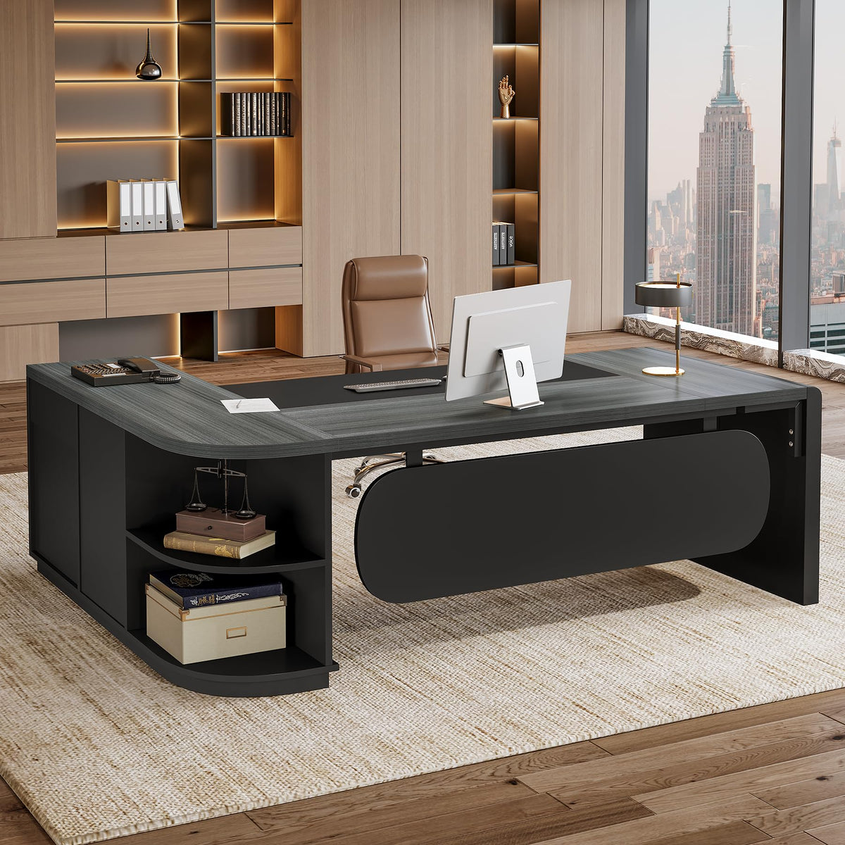 Tribesigns 81-Inch L-Shaped Office Desk, Large Commercial Office Desk with Drawers and File Cabinet, Modern Professional Business Furniture Workstations with Storage Shelves, Brown & Black