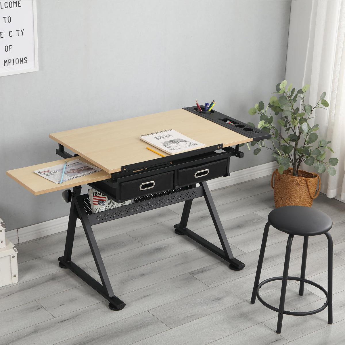 Drafting Table, Drawing Desk for Artists Adults Architect, Art Desk with Stool and 3 Non-Woven Storage Drawers, Height Adjustable Tilted Tabletop, Painting Studio Design Work Station, Rustic Brown