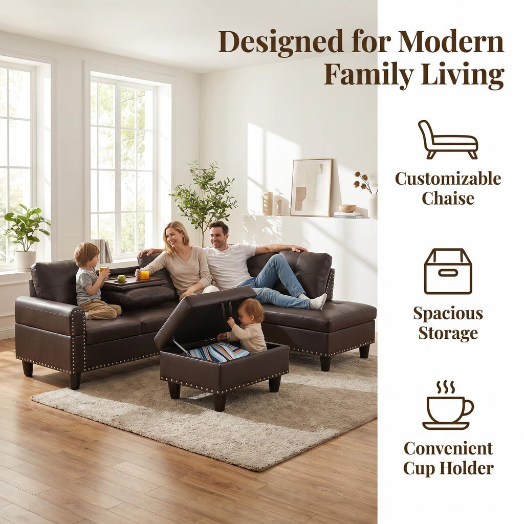 97.5" Leather L Shaped Couch with Left Chaise & Cup Holder, Sectional Sofas Modular Furniture Set with Storage Ottoman, Convertible Couches for Living Room, Office & Small Space (Black)