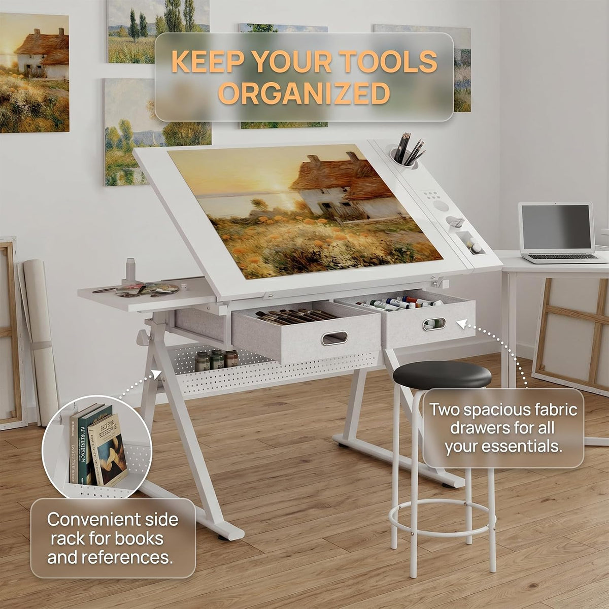Height Adjustable Drafting Table Drawing Table Artist Desk Tilting Tabletop Art Craft Desk with 2 Storage Drawers and Stool, Art Craft Desk for Artist Painters Drawing Painting (All White)