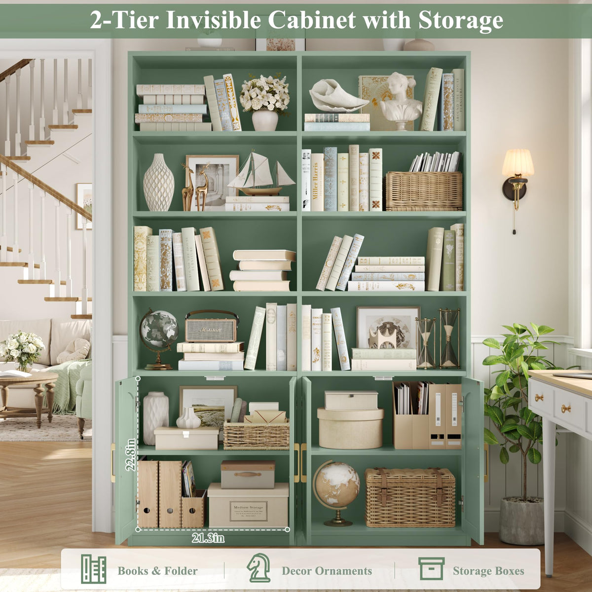 FACBOTALL Bookshelf and Bookcase with Doors, Double Wide Large Bookshelves