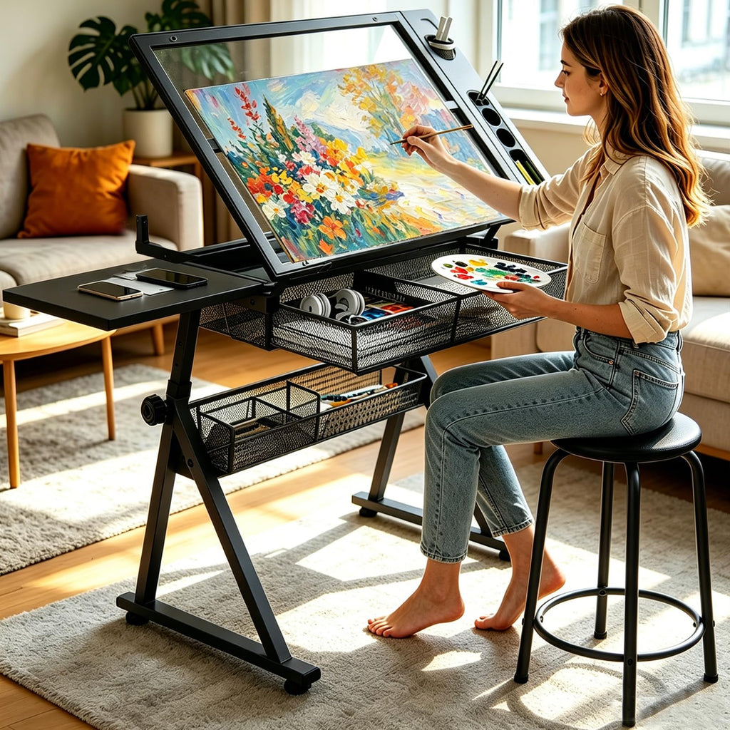 Drafting Table with 2 Metal Storage Drawers & Stool for Adult Teen, Red