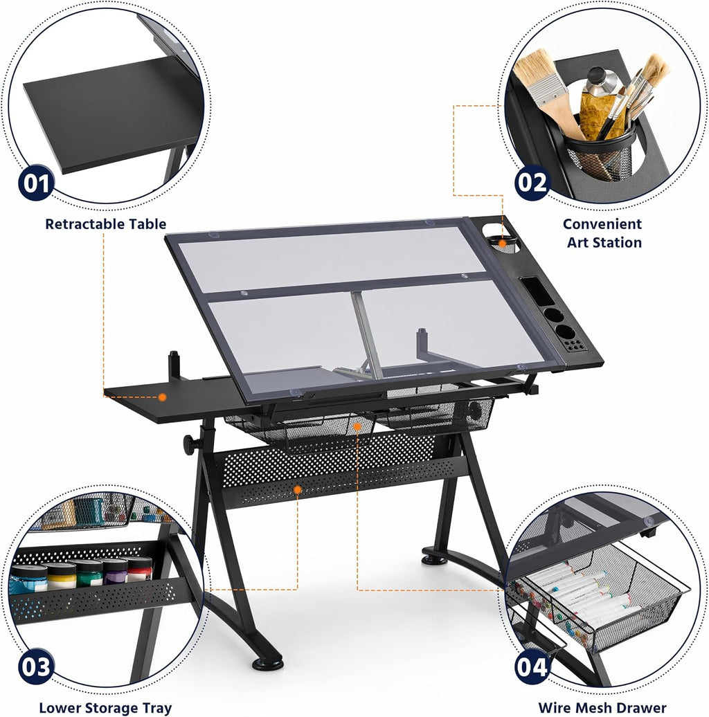 Yaheetech Adjustable Drafting Table & Stool, Tilting Glass Art Desk, Black
