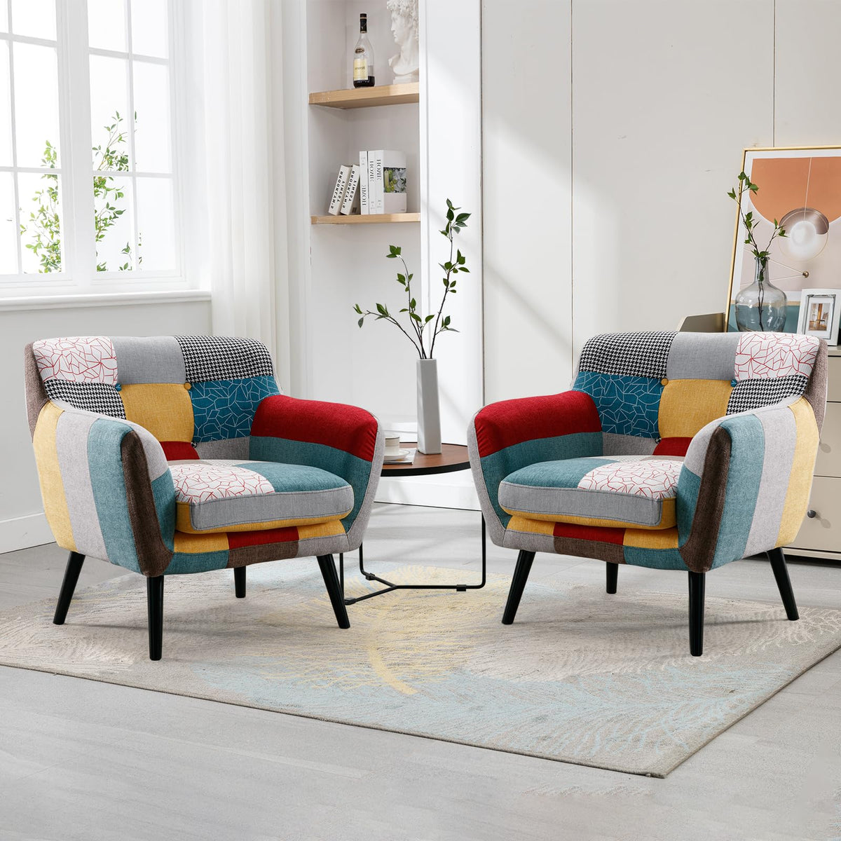 Bonzy Home Modern Colorful 2 Piece Coroful Fabric Sofa Set, Included Accent Chairs and Boho Loveseat Sofa, Linen Patchwork Plaid Couches with Rubberwood Legs and Removable Upholstered for Living Room