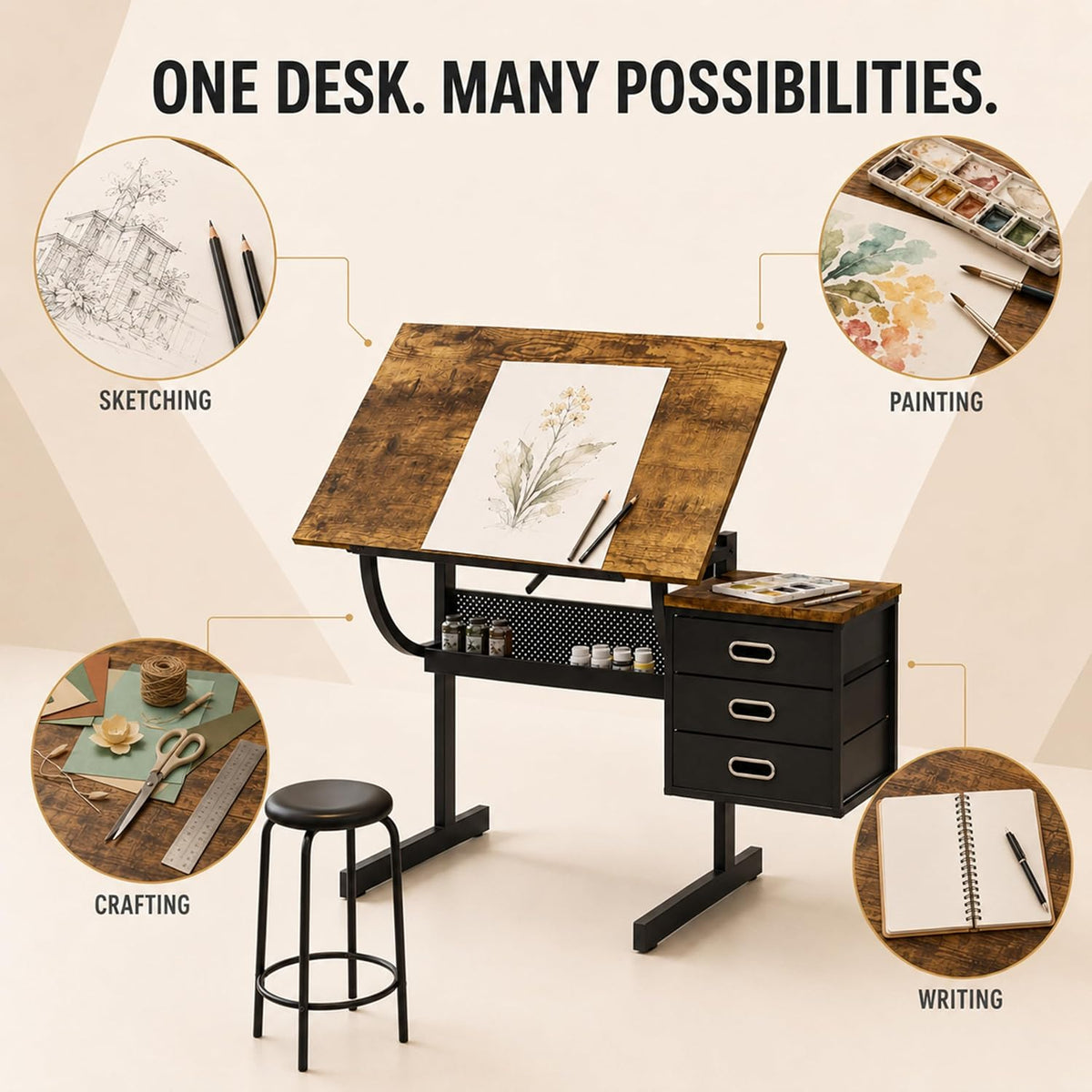 Artist Desks, Drafting Table with Stool & 3 Storage Drawersï¼Black