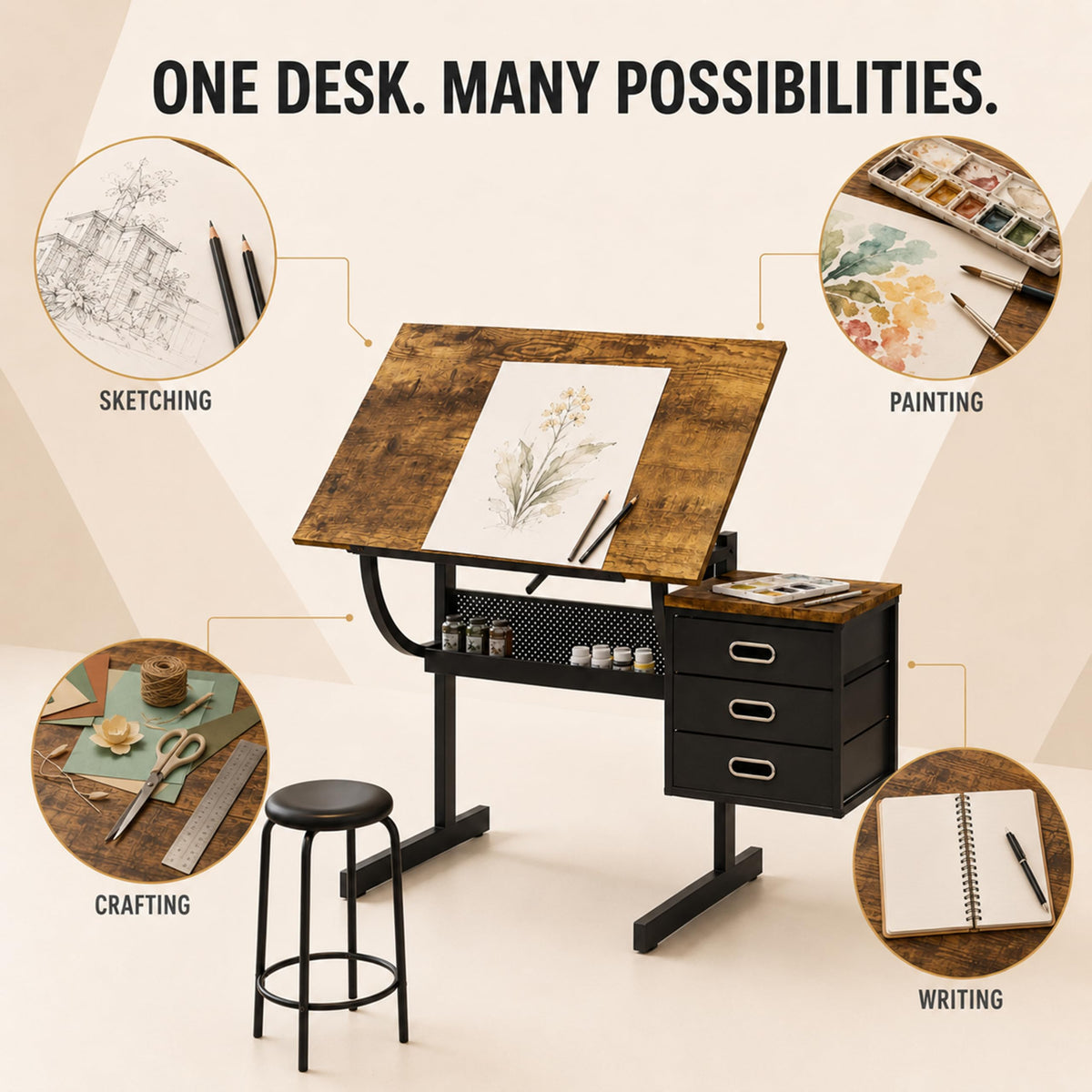 Artist Desks, Drafting Table with Stool & 3 Storage Drawersï¼Black