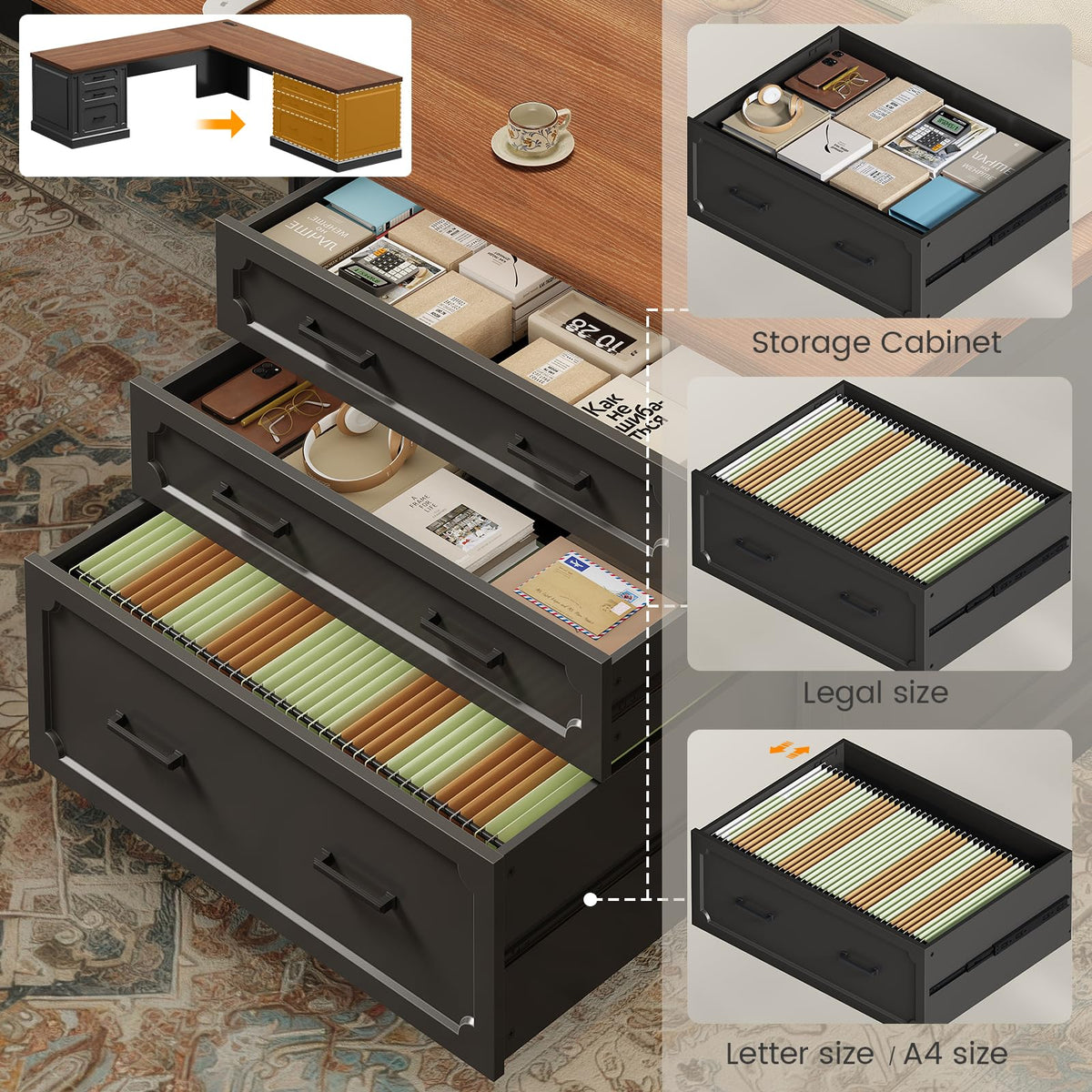 SEDETA Farmhouse 70.9" Executive Desk, Home Office Desk with File Drawers and Storage Cabinet, Computer Desk with Power Outlet for Home Office, Work Study Writing, Black+Brown