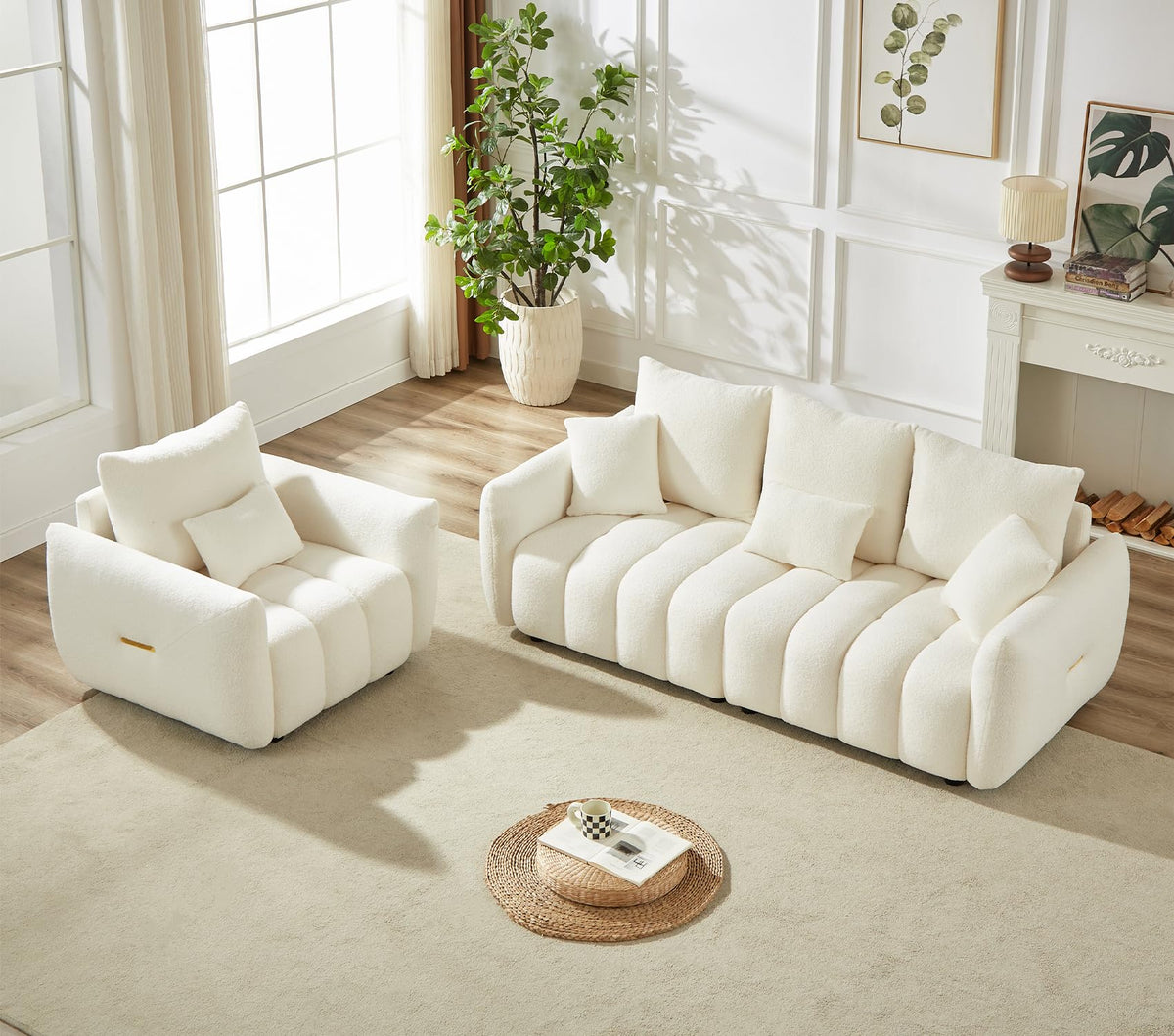 Antetek Teddy Fabric Sofa Set for Living Room, 2 Pieces Modern Deep Seat Oversized 3-Seater Cloud Boucle Couch for Bedroom, Office, Apartment, Furniture Set, 78-inch, Black (2 Pieces)