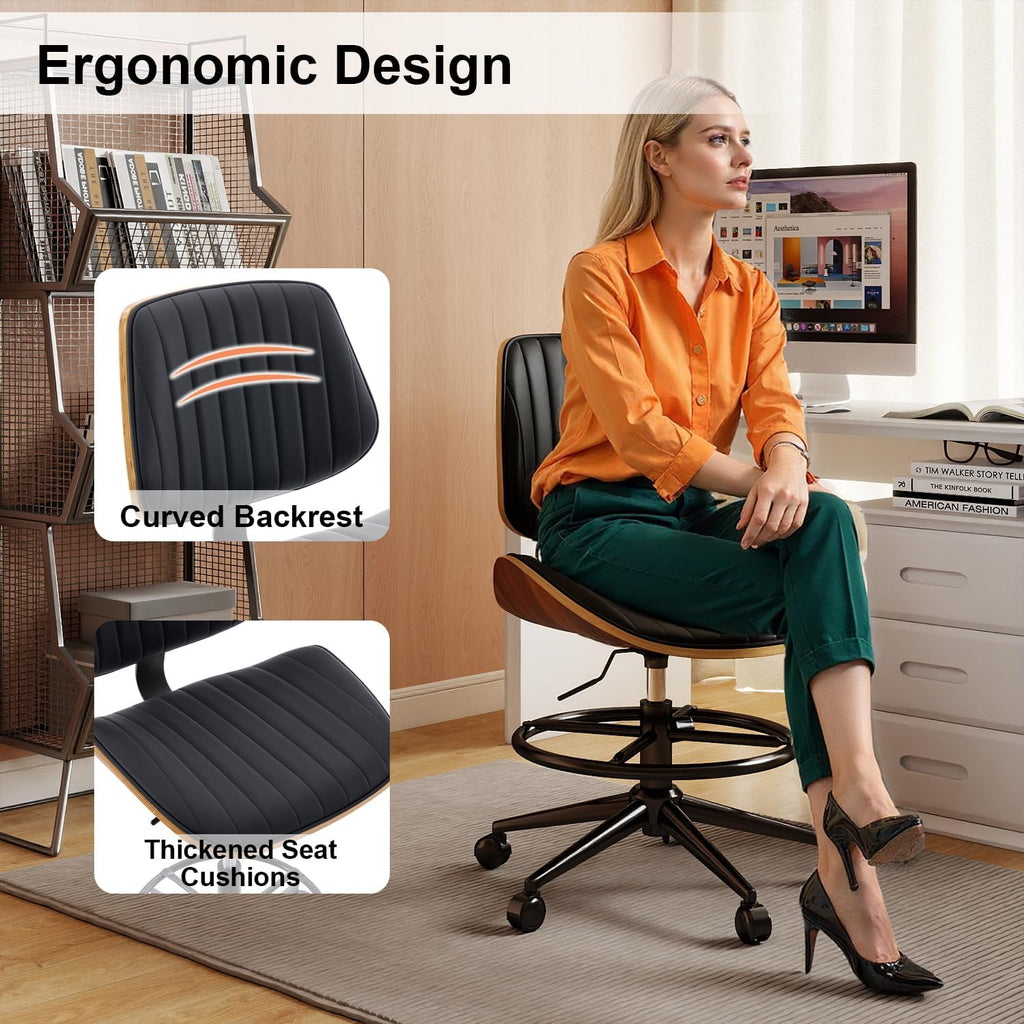 Drafting Chair, Ergonomic Office Chair with Walnut Wood Back Support, Armless PU Leather Desk Chair with Height-Adjustable, Thick Cushion for Home Office, Drafting, Art Studio (Black)