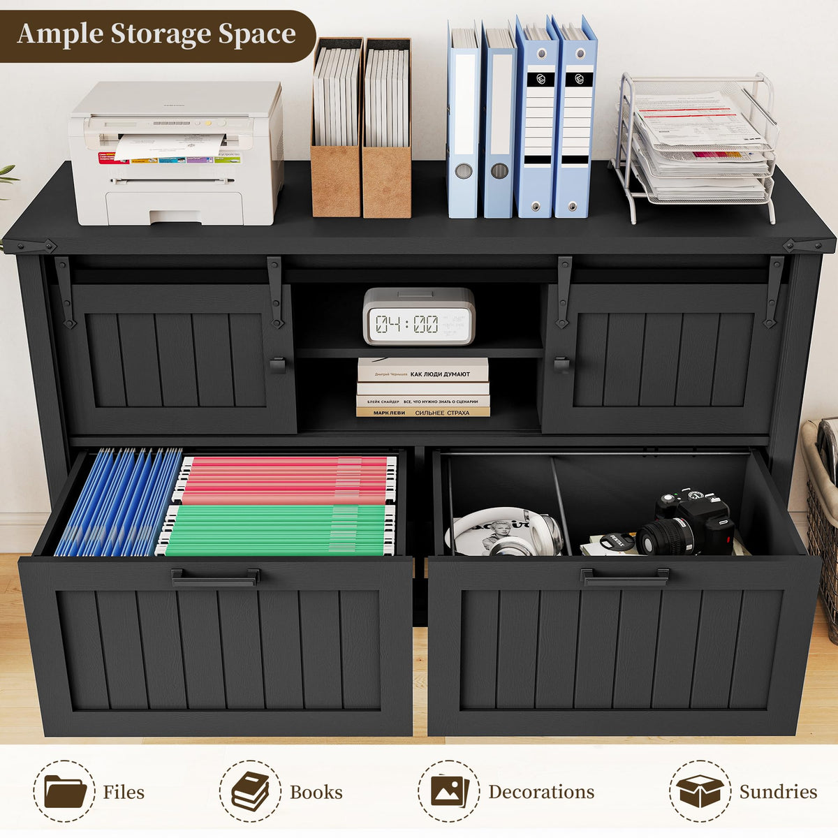 Farmhouse 3-Piece Home Office Set â 46" Wide 2-Drawer Lateral File Cabinet with Power Outlets & USB, Two 71" Tall 5-Tier Bookcases with Adjustable Shelves & Anti-Tip Kit, Black