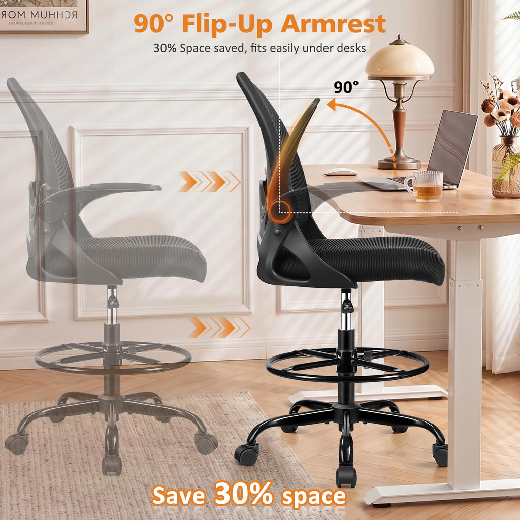 Drafting Chair Tall Office Chair with Flip-up Armrests, Adjustable Height, and Enhanced Lumbar Support - Ergonomic Rolling Stool, Back Support, and Adjustable Foot Rest Ring for Standing Desk White