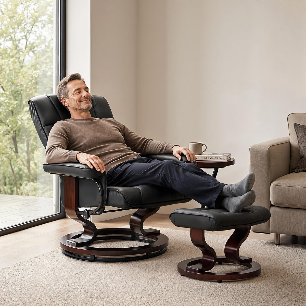 MCombo Manual Swivel Recliner with Ottoman, Faux Leather 9019