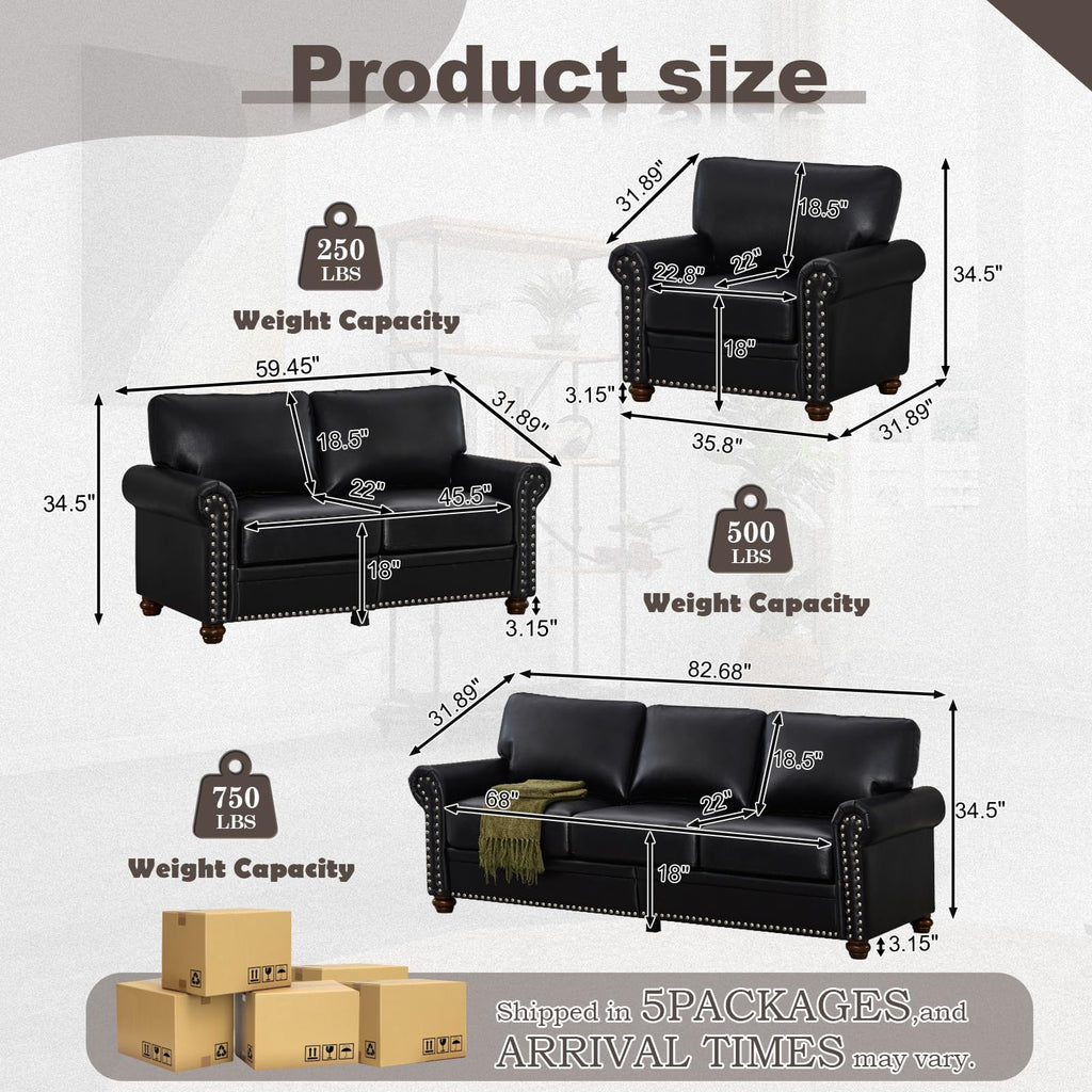 2 Piece Faux Leather Sofa Set,Modern Couch and Loveseat Sets with Storage,Mid Century Couch with Rivet Rolled Arm,Comfy Deep Seat Sofa,Furniture for Living Room,Office(Loveseat+3 Seater,Navy)