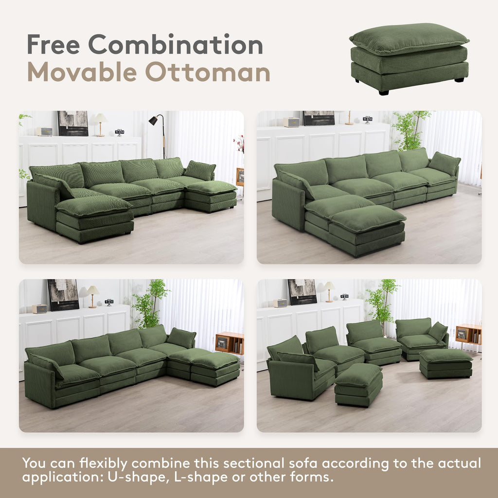 ROWHY 41'' Single Armchair with Ottoman, Modern Corduroy Cloud Couch with Convertible Chaise, Upholstered Sofa Set for Living Room, Green