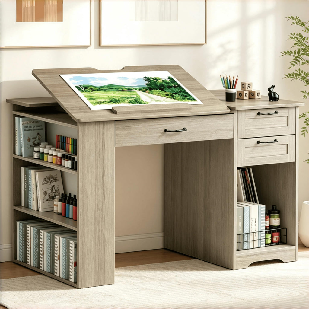 Drafting Table with Storage Cabinet & Drawers, Adjustable Drawing Desk with Open Shelves, Craft Table Painting Desk for Artists, Painters, Drawing, Crafting, Reading, Writing, Working