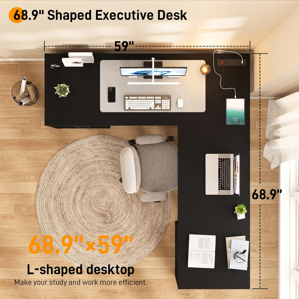 Halitaa Farmhouse Home Office Desk with 6 Drawers, L Shaped Executive Desk with Power Outlets and Triangle Under-Desk Storage Shelf & Drawer File Cabinet, Corner Computer Desk, Grey