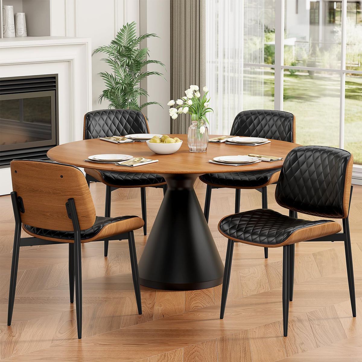 REONEY Dining Chairs Set of 4, Mid-Century Modern Kitchen Chairs, Black
